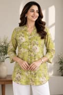Lime Floral Print Mandarin Collar Tunic Shirt for Women