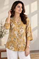 Mustard Floral Print Mandarin Collar Tunic Shirt for Women