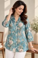 Skyblue Floral Print Mandarin Collar Tunic Shirt for Women