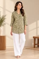 Saga Botnical Print Mandarin Collar Tunic Shirt for Women