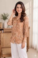 Orange Botnical Print Mandarin Collar Tunic Shirt for Women