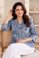 Blue Botnical Print Mandarin Collar Tunic Shirt for Women