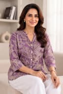 Purple Botnical Print Mandarin Collar Tunic Shirt for Women